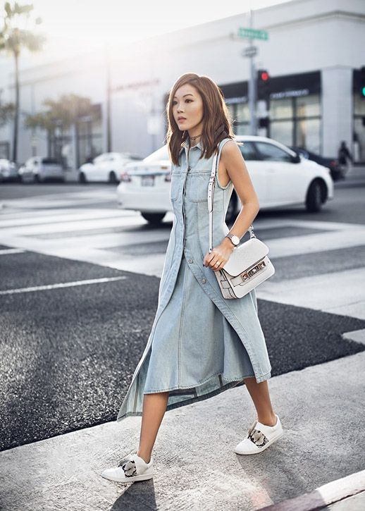 jean dress and sneakers